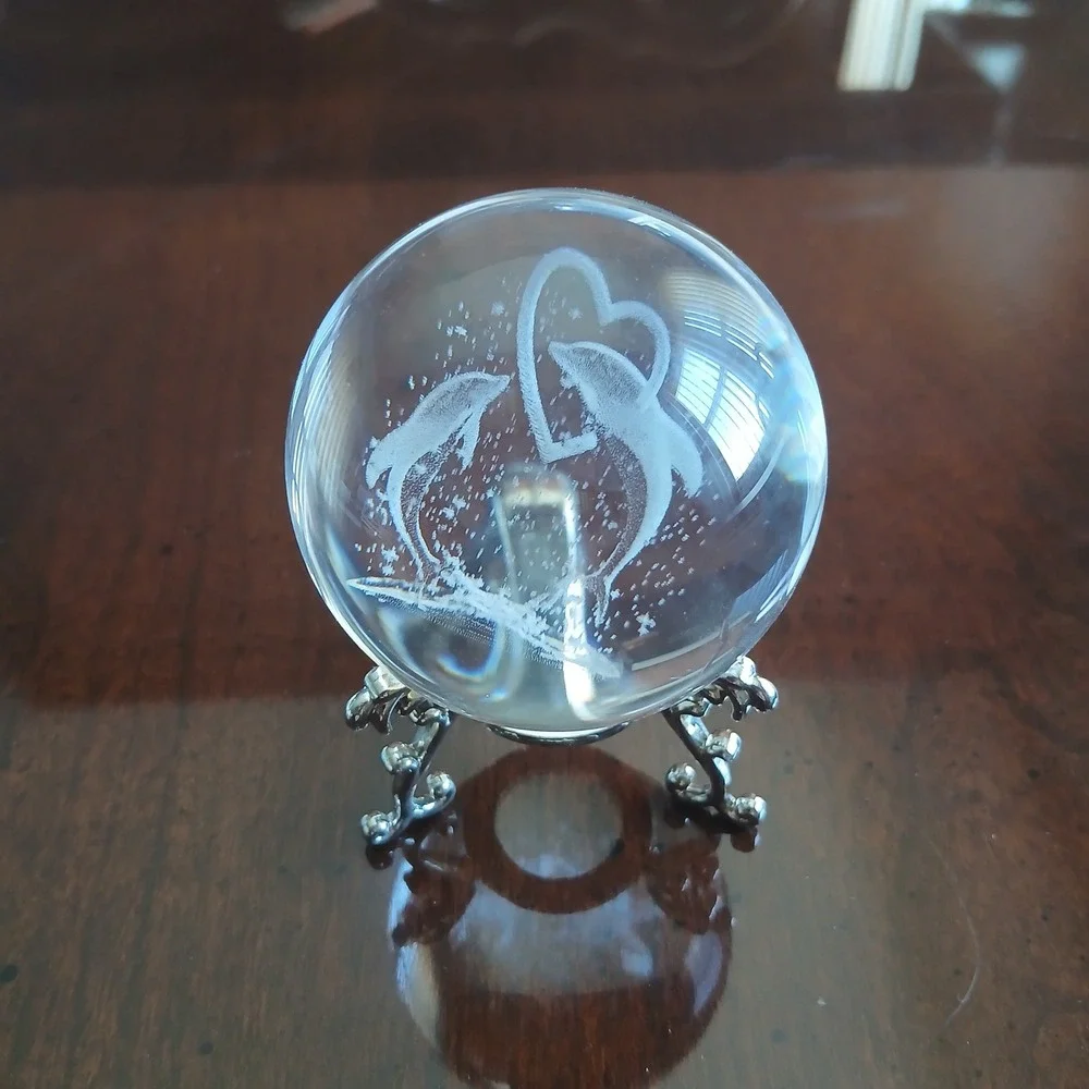 Dolphin Heart Laser Etched Crystal Ball 3D Glass Sphere with Silver Tone Stand